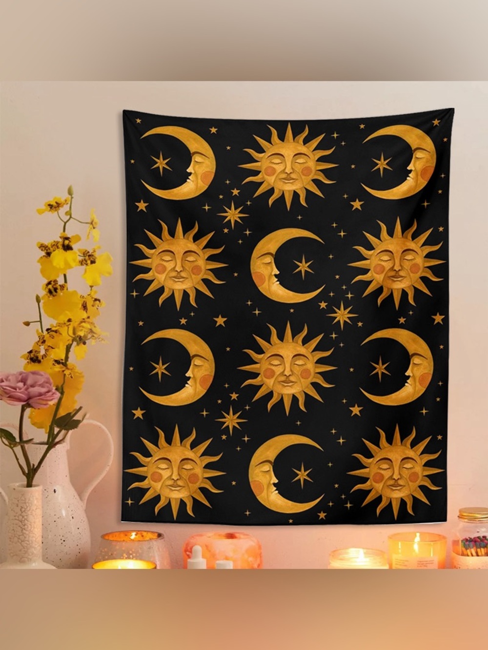 Vintage Mandala Black Astrology Sun Moon Tapestry Wall Decor